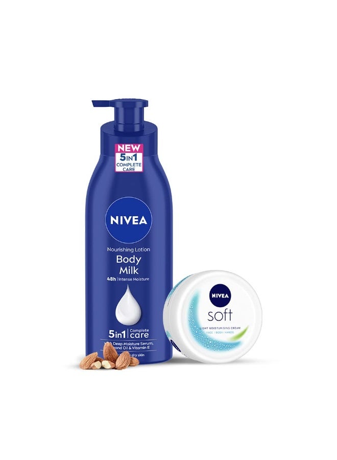 نيفيا مجموعة نيفيا المتكاملة - حليب للجسم 400 مل للعناية الكاملة 5 في 1 ولوشن مغذي للجسم وكريم مرطب ناعم 200 مل مع فيتامين E وزيت الجوجوبا. - Image 1